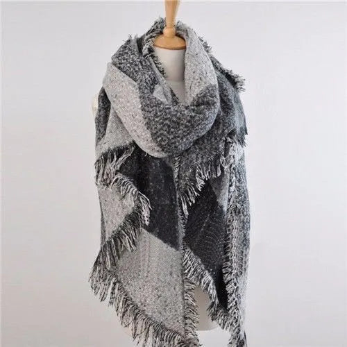 Wool Blend Oversized Scarf for Women - 250x70cm Grey Red Checked Warm Wrap 0