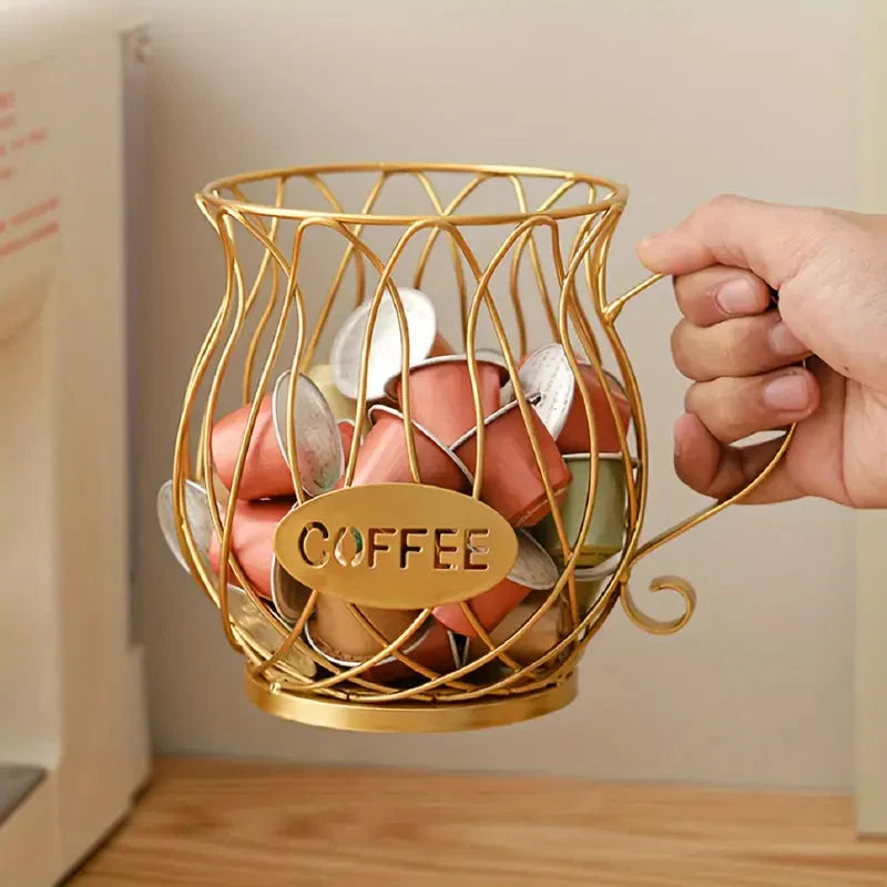 Wrought Iron Coffee Capsule Holder Cup Shape with Handle - Countertop Storage, Rust-Resistant 0