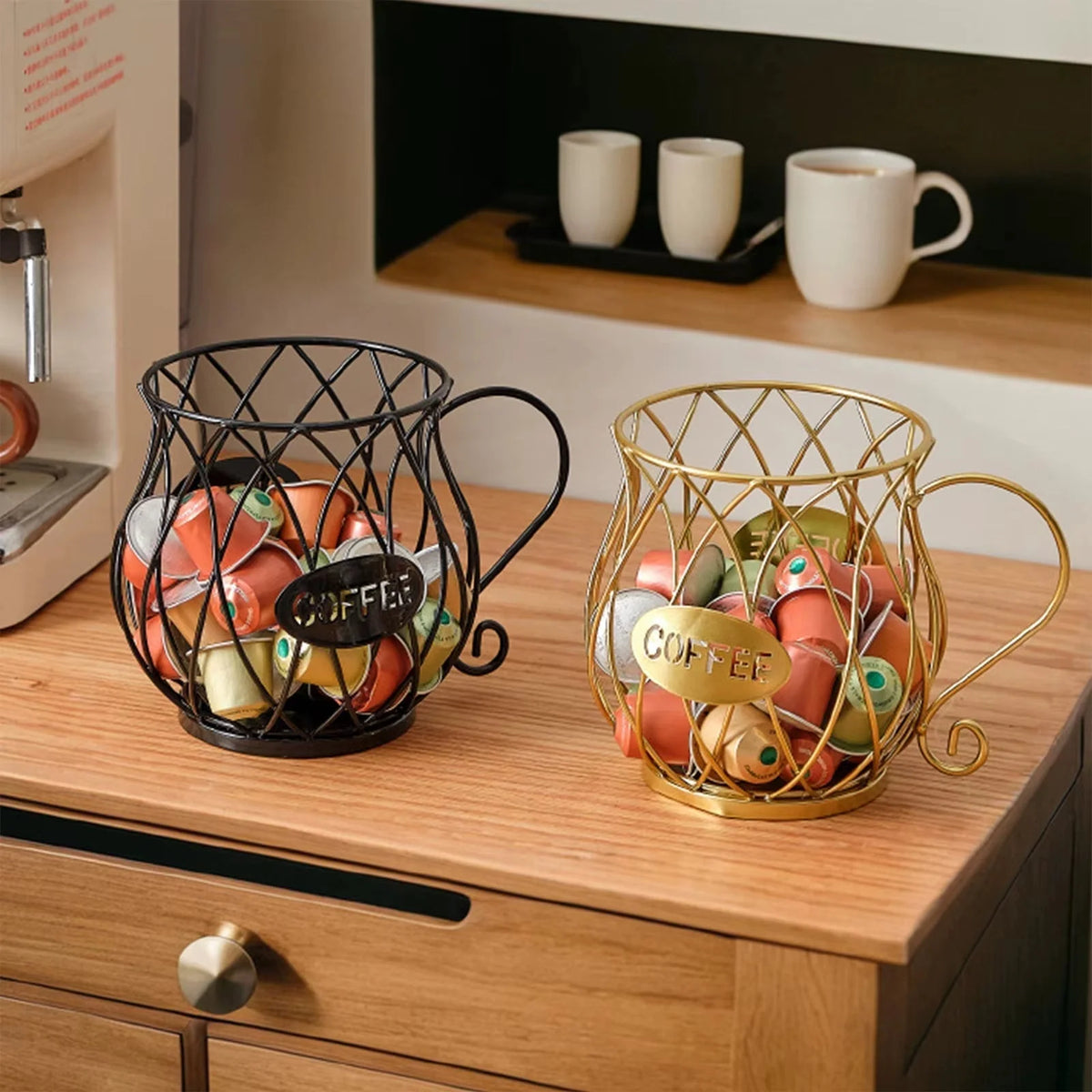 Wrought Iron Coffee Capsule Holder Cup Shape with Handle - Countertop Storage, Rust-Resistant 1