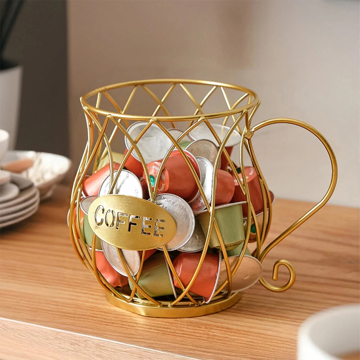 Wrought Iron Coffee Capsule Holder Cup Shape with Handle - Countertop Storage, Rust-Resistant 2