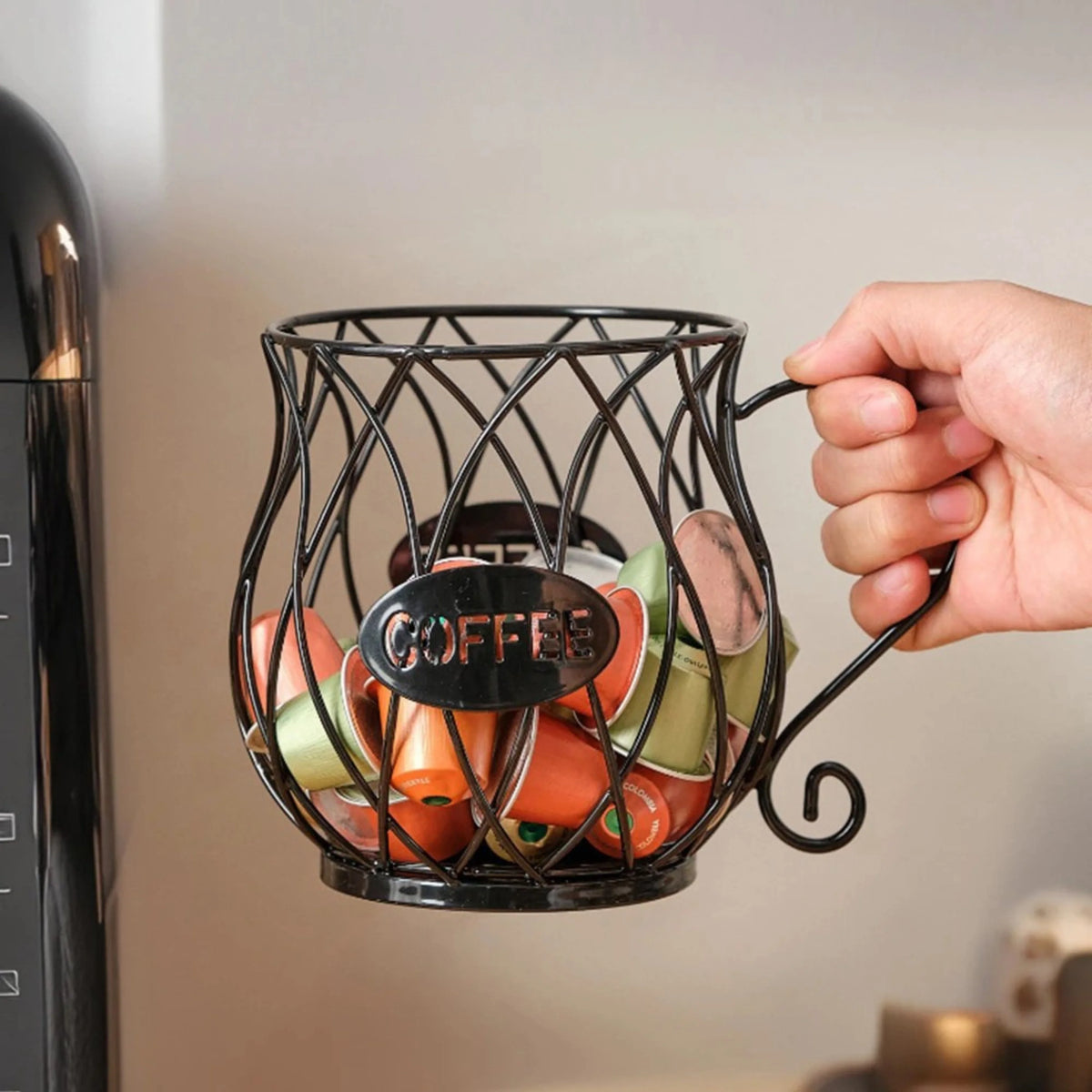 Wrought Iron Coffee Capsule Holder Cup Shape with Handle - Countertop Storage, Rust-Resistant 3