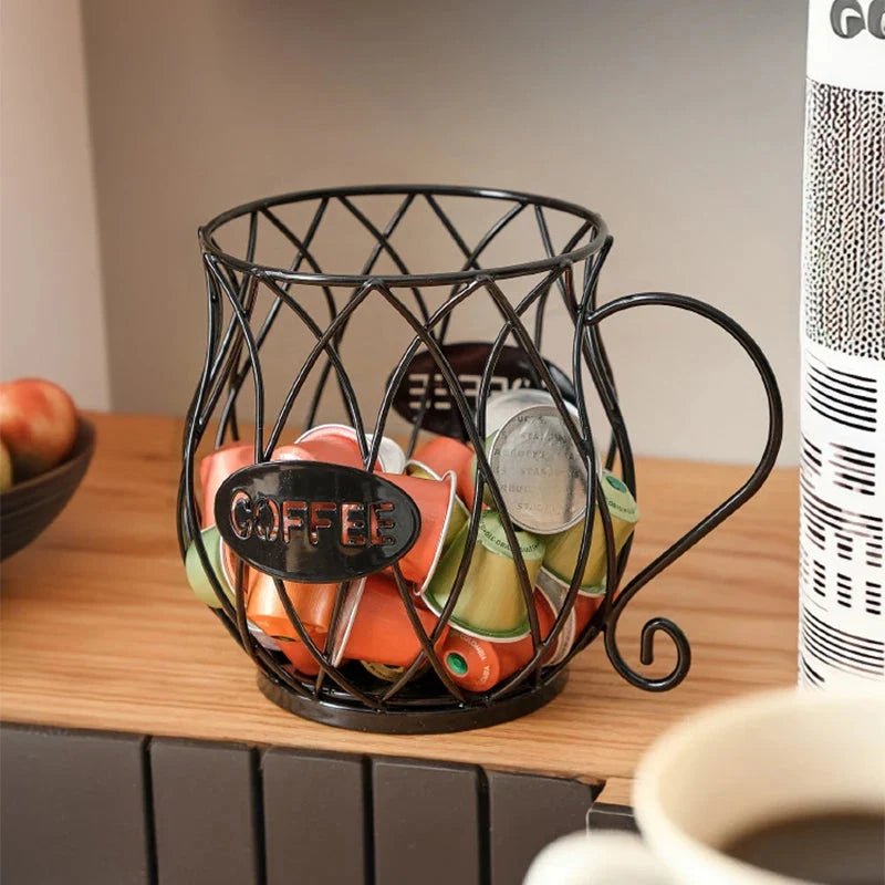 Wrought Iron Coffee Capsule Holder Cup Shape with Handle - Countertop Storage, Rust-Resistant 4