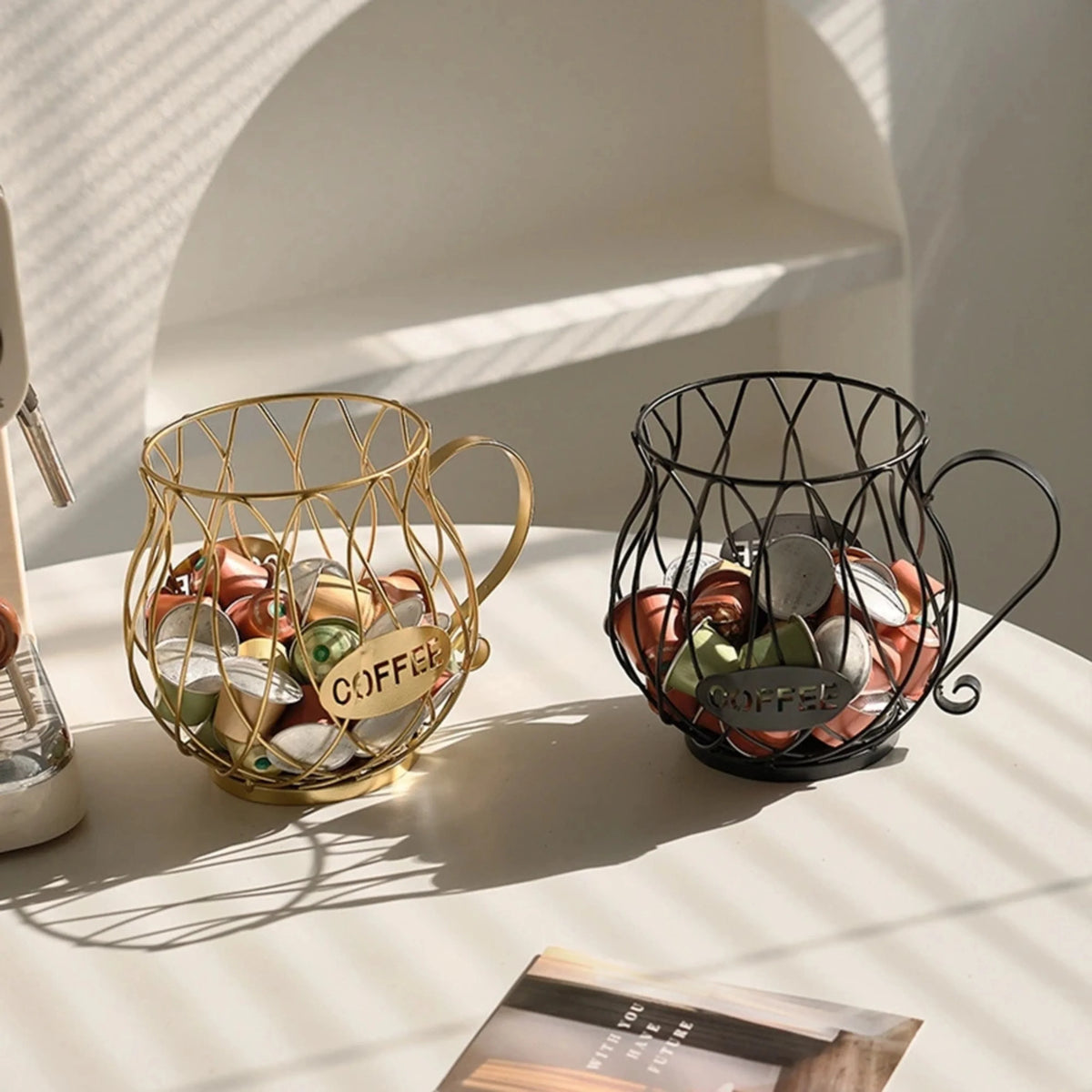 Wrought Iron Coffee Capsule Holder Cup Shape with Handle - Countertop Storage, Rust-Resistant 6